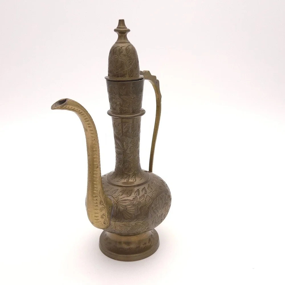 Beautiful Vintage 60s Aftaba Ewer Indian Brass Tea coffee Pot Signed Hand carved
